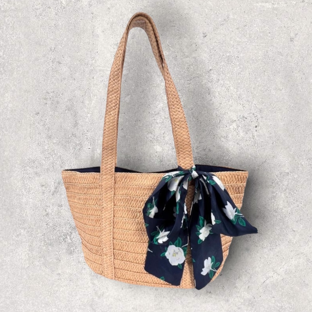 Draper James 15” Everyday Lined Straw Shoulder Tote Bag With Navy Magnolia Scarf